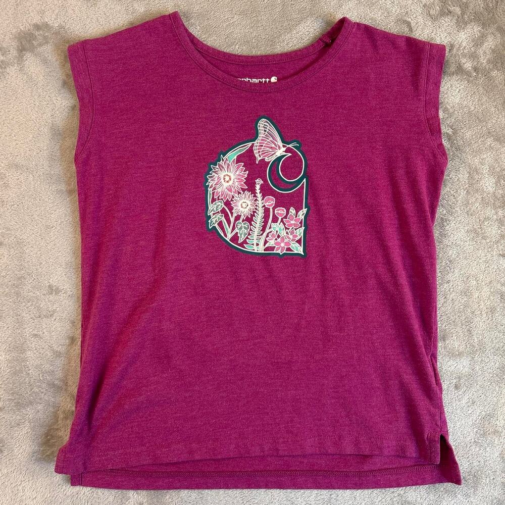 Carhartt Girls Pink Floral Butterfly Graphic Sleeveless Shirt Size 8 Small